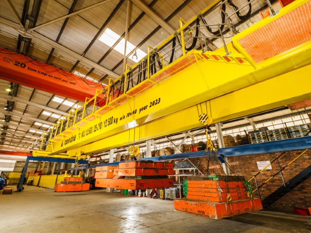 Saiccor Mill’s 12,5/25/12,5 ton overhead travelling crane under factory load test before delivery.